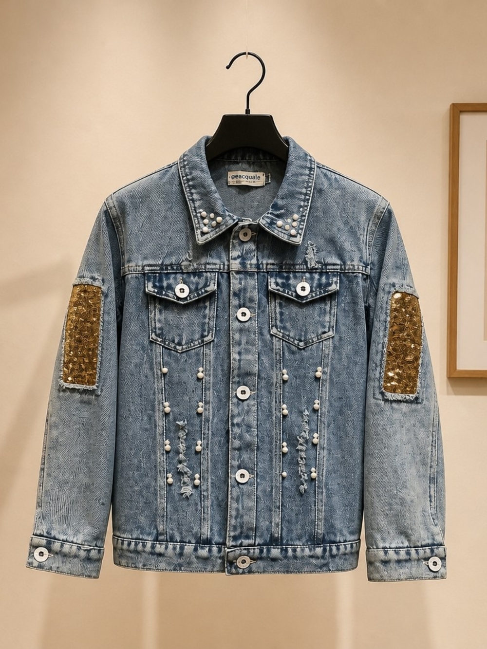 Girls Denim Jacket Butterfly Sequin Pearl Embellished Size 130 Blue